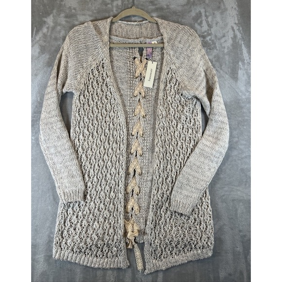 Alya Cardigan Boho Open Front Loose Knit Ivory Beige Sweater Womens Size M NWT - Picture 1 of 8